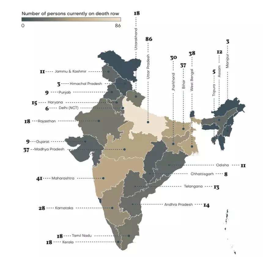 വിവിധ സംസ്ഥാനങ്ങളിൽ വധശിക്ഷക്ക് വിധിച്ചവരുടെ കണക്ക്; കടപ്പാട്: നാഷണൽ ലോ യൂണിവേഴ്‌സിറ്റി
